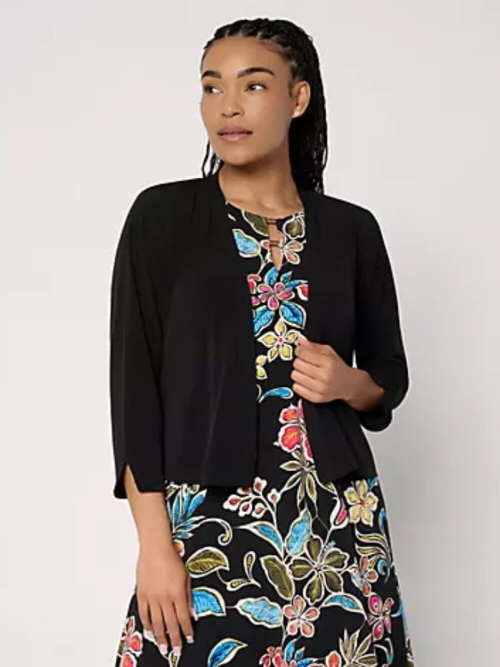 Susan Graver Print or Solid Liquid Knit 3/4 Sleeve Shrug, Blk Sz L a724954